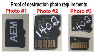 Three photos depicting chip destruction photo requirements